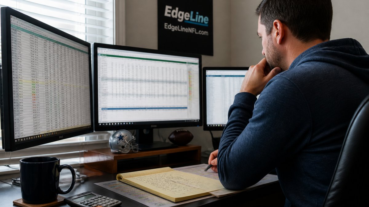 Person analyzing data on multiple monitors to build NFL betting systems