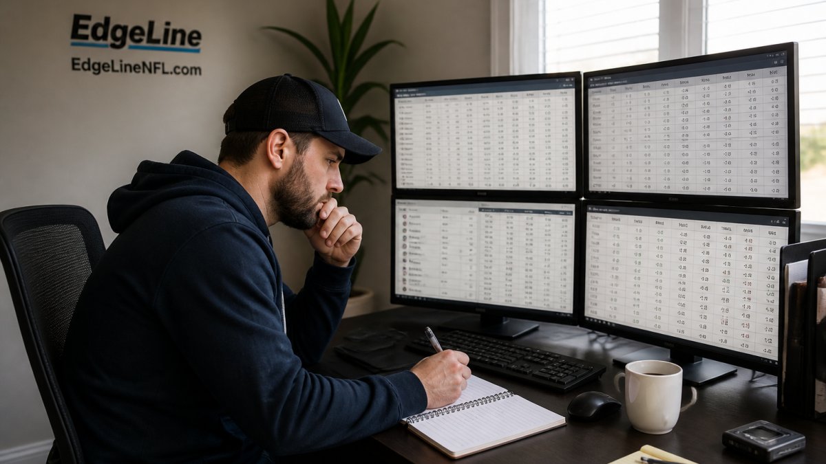 A professional bettor at a desk with multiple monitors showing NFL odds and data, notebook and coffee nearby, focused expression