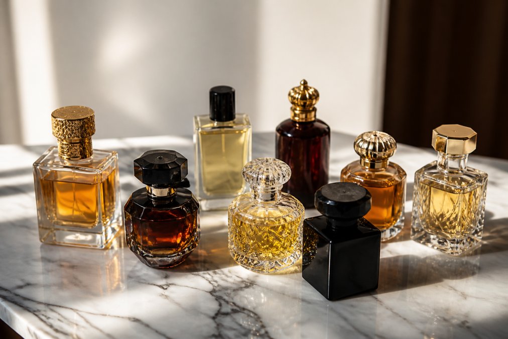 Multiple luxury niche fragrance bottles arranged on a white marble surface with warm natural sunlight streaming across them, highlighting amber, clear, and dark liquid colors in ornate glass vessels