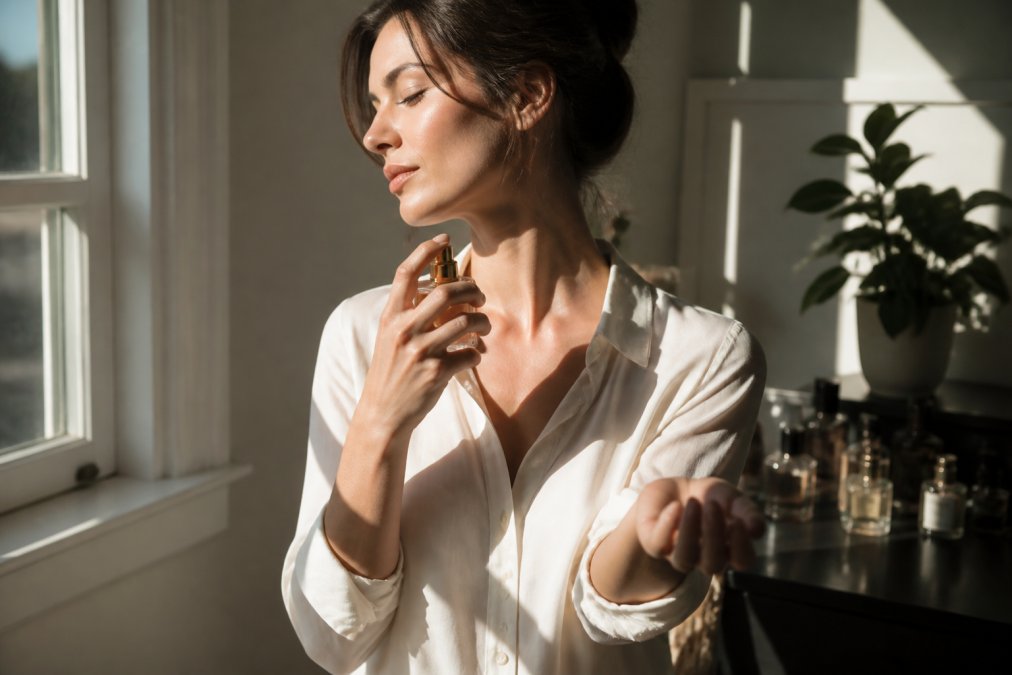 Person applying fragrance with a spray atomizer to the pulse points on their neck, wrist, and inner elbow, with natural morning sunlight illuminating the application technique