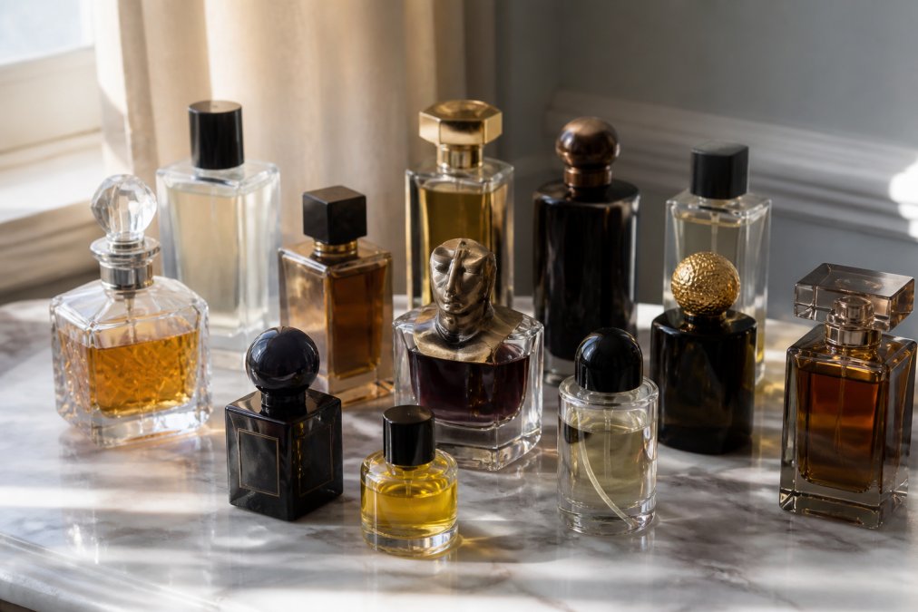 Luxury fragrance bottles arranged on a marble surface with soft natural lighting, showcasing various niche house bottles with elegant packaging and distinctive designs