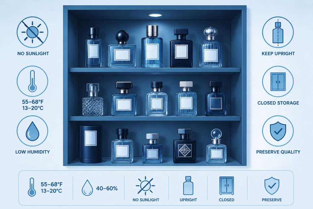 An organized fragrance collection displayed in a dark, cool storage space with bottles standing upright, away from direct sunlight, showing proper preservation techniques