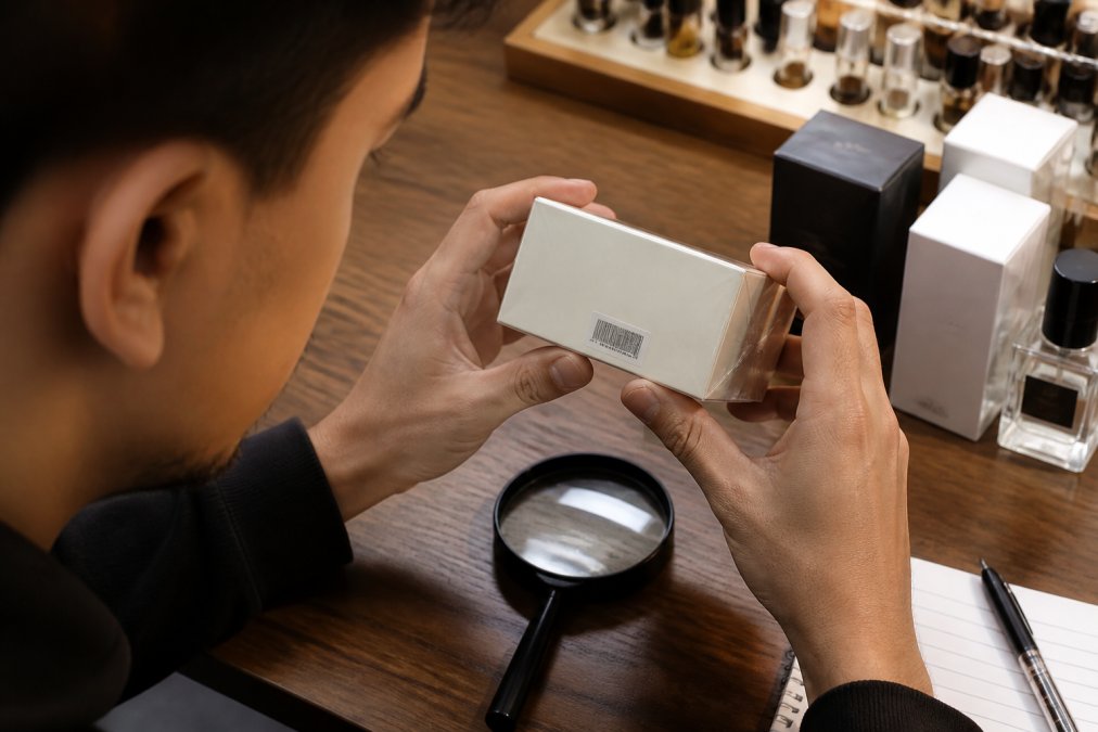 Person using a magnifying glass to check batch codes on a perfume box to verify authenticity for niche fragrance websites