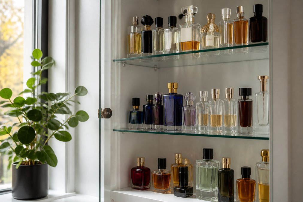 Collector's fragrance display shelf with multiple niche perfume bottles arranged by color and size, natural window light highlighting the glass bottles and labels through a glass cabinet door