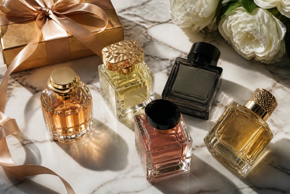 Elegant luxury perfume bottles arranged on marble with a gift box