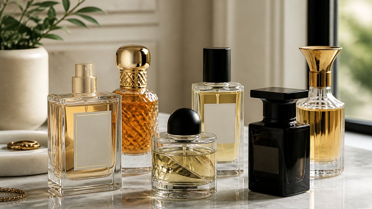 Close-up of elegant niche perfume bottles arranged on marble surface with soft natural lighting, showing varied bottle shapes and luxury packaging