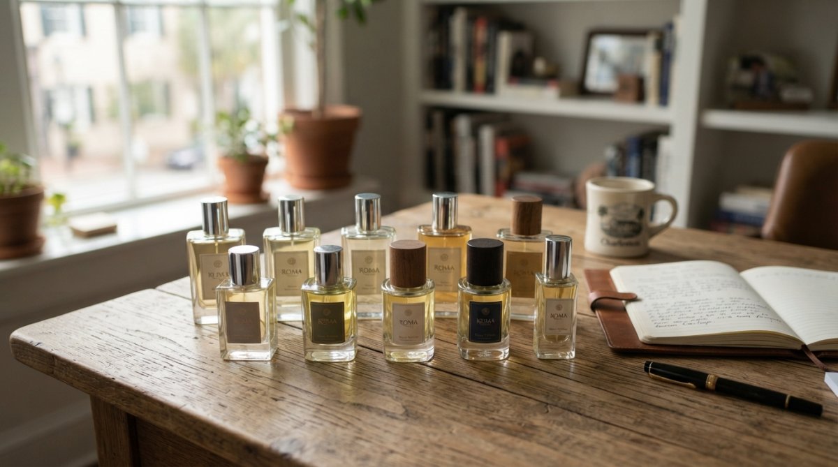 Luxury niche fragrance bottles arranged on a sleek marble desk with soft natural light, professional office background slightly blurred