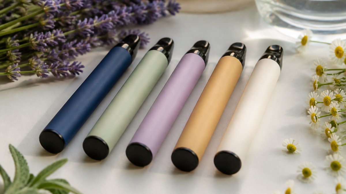 Close-up of five NTRL diffuser pens arranged on a white surface with natural botanical elements like lavender sprigs and chamomile flowers nearby, showing variety of plant-based formulations in warm natural light