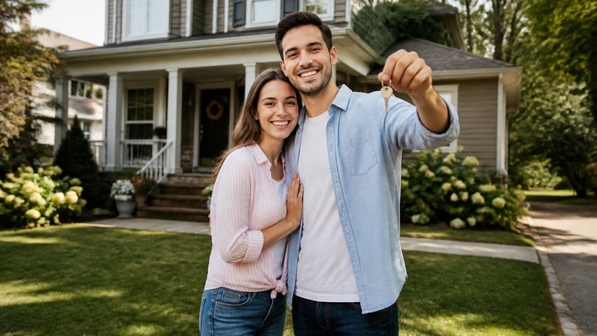 Young couple standing in front of a suburban single-family home with a 'Sold' sign, both smiling and holding house keys in afternoon sunlight