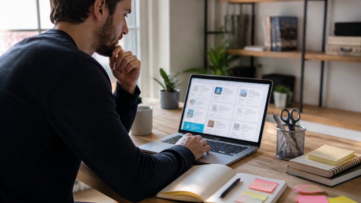 A non-technical founder working on a laptop in a bright home office, sticky notes and a notebook on the desk, comparing no-code platform options on screen