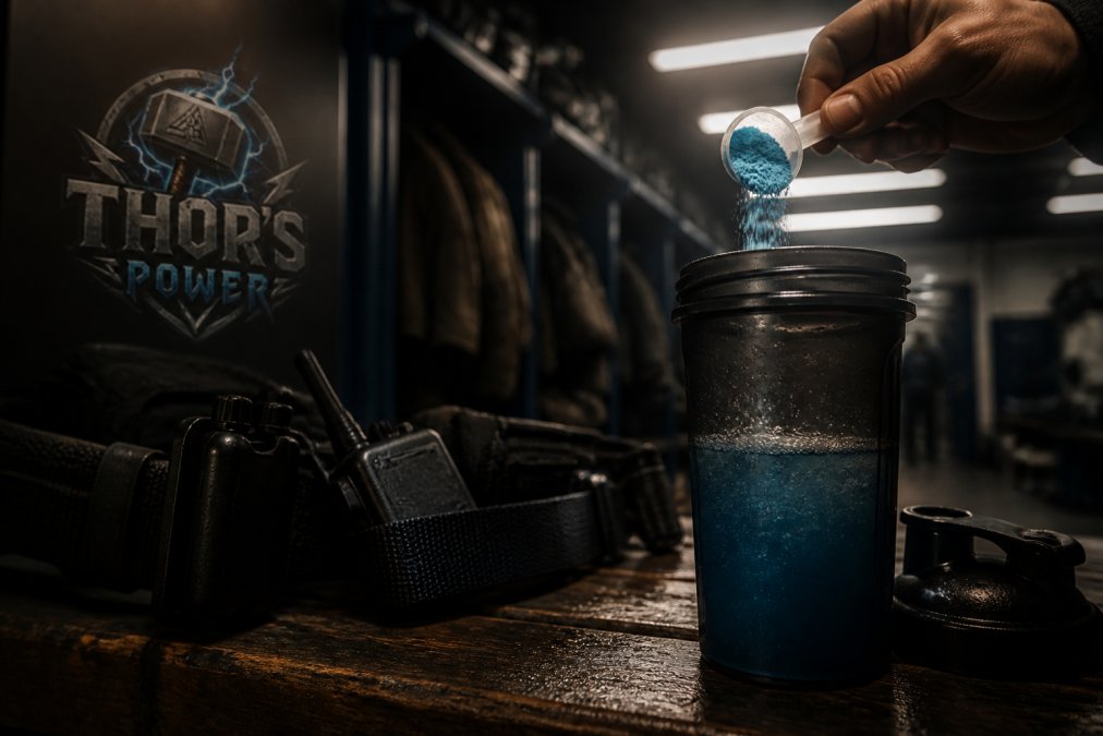 Close-up of blue raspberry powdered energy drink mix being poured into a shaker bottle on a station locker room bench, duty belt and radio blurred in the background, overhead fluorescent lighting