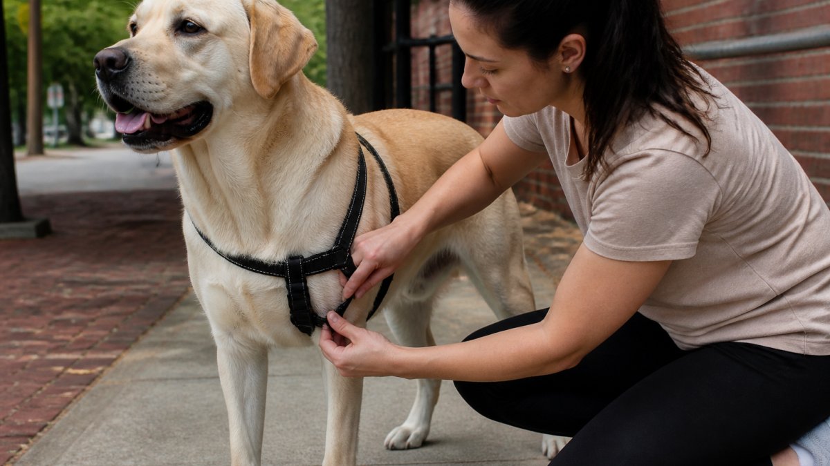 A person kneeling beside a large dog on a sidewalk, adjusting the chest strap of a front-clip harness with both hands while the dog stands calmly