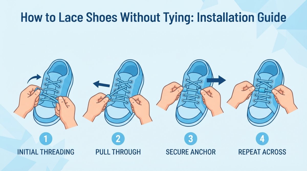 Child's hands demonstrating the push-and-pull installation method of elastic laces into shoe eyelets, showing the straightforward threading process with clear finger positioning