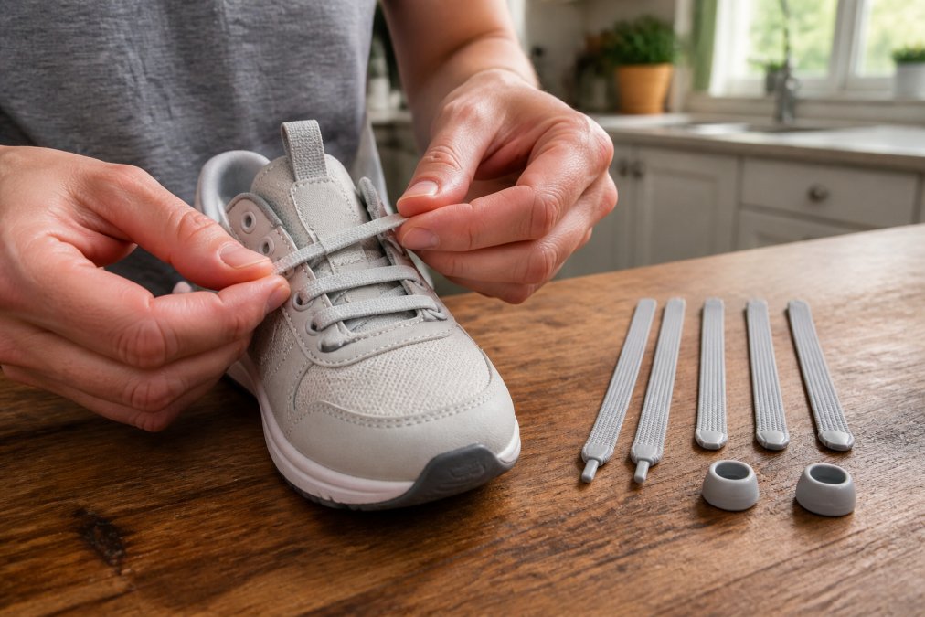 Adult hands threading a stretchy elastic shoelace through the eyelet of a child's sneaker on a wooden kitchen table, with the remaining lace segments laid out beside the shoe in natural window light