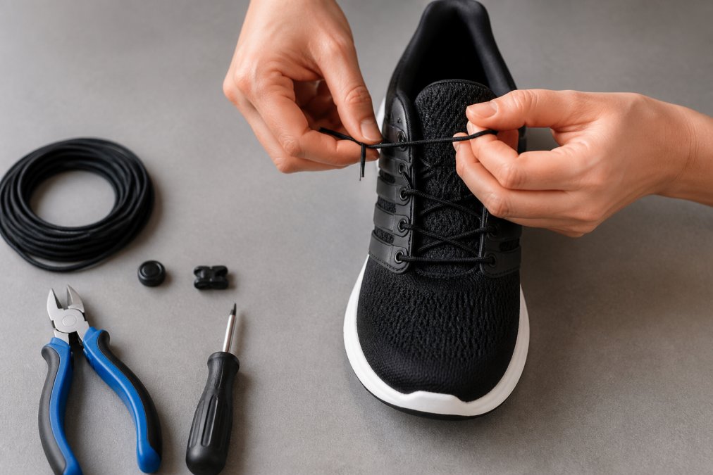 Close-up of hands demonstrating elastic no-tie lace installation, threading the cord through shoe eyelets with a push-and-pull motion on a running shoe against neutral background