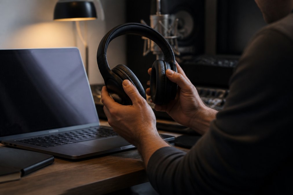 A close-up of an audiophile's hands holding over-ear headphones next to a laptop showing audio editing software with frequency response curves on screen, in a dimly lit home studio