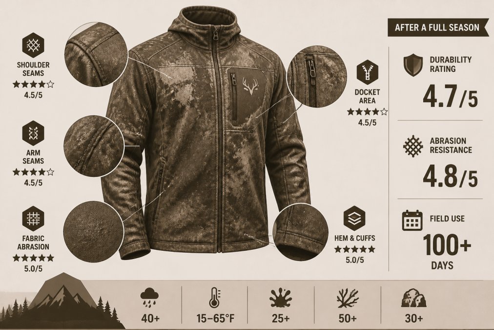 Close-up of hunting apparel showing detailed seams, stitching patterns, and fabric texture after a full season of use, demonstrating construction quality and abrasion resistance in worn areas