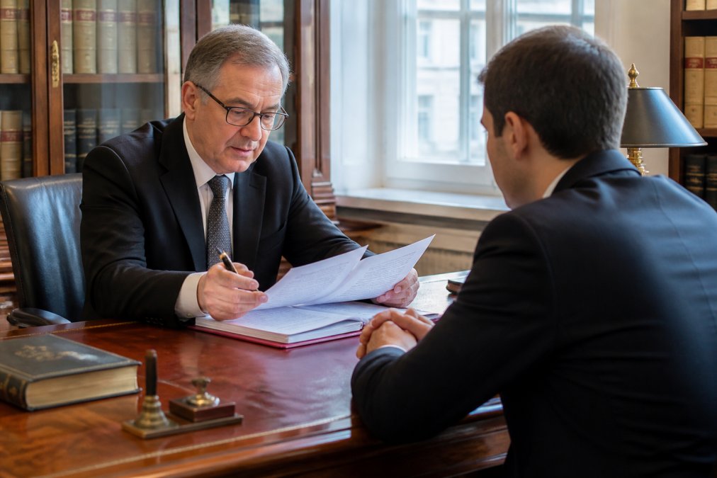 Notary reviewing legal documents for a nominee structure with a client in a professional office