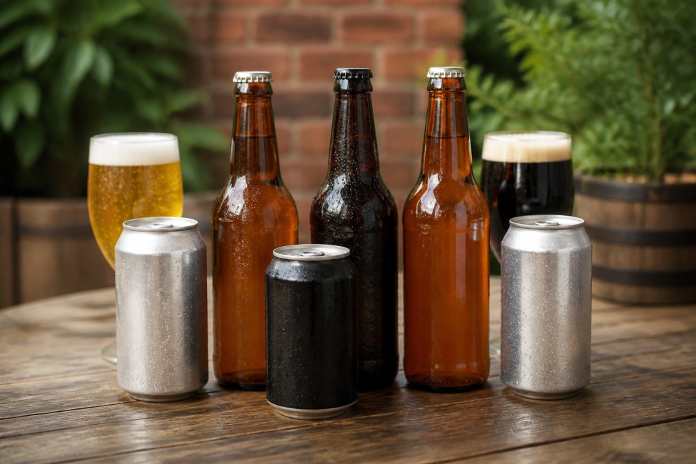 A selection of chilled non-alcoholic beer bottles and cans arranged on a wooden table, including an IPA, lager, and stout, with condensation on the glassware
