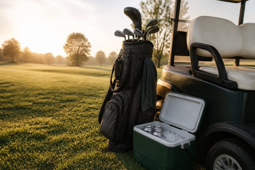 A golfer's bag and cooler beside a golf cart at sunrise, holding a can of non-alcoholic beer with a frosty, condensation-covered surface