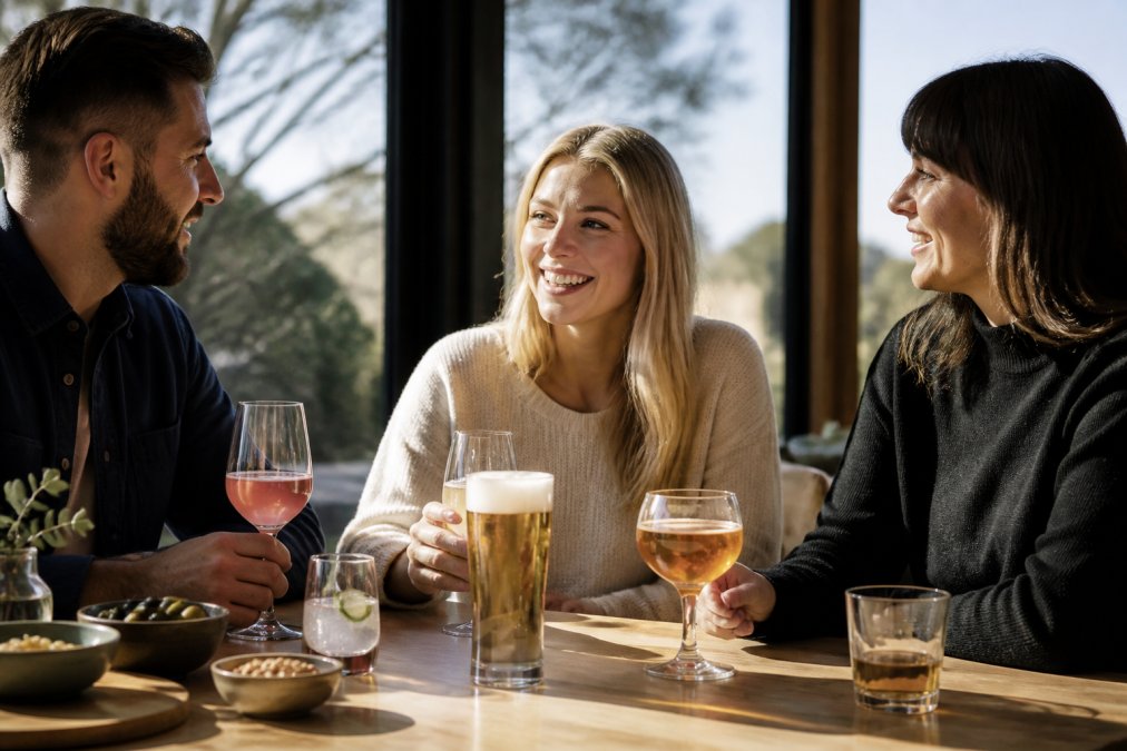 A selection of diverse non-alcoholic drinks in glasses arranged on a table, including amber beer, rosé wine, and amber spirit, with natural daylight illuminating the glasses
