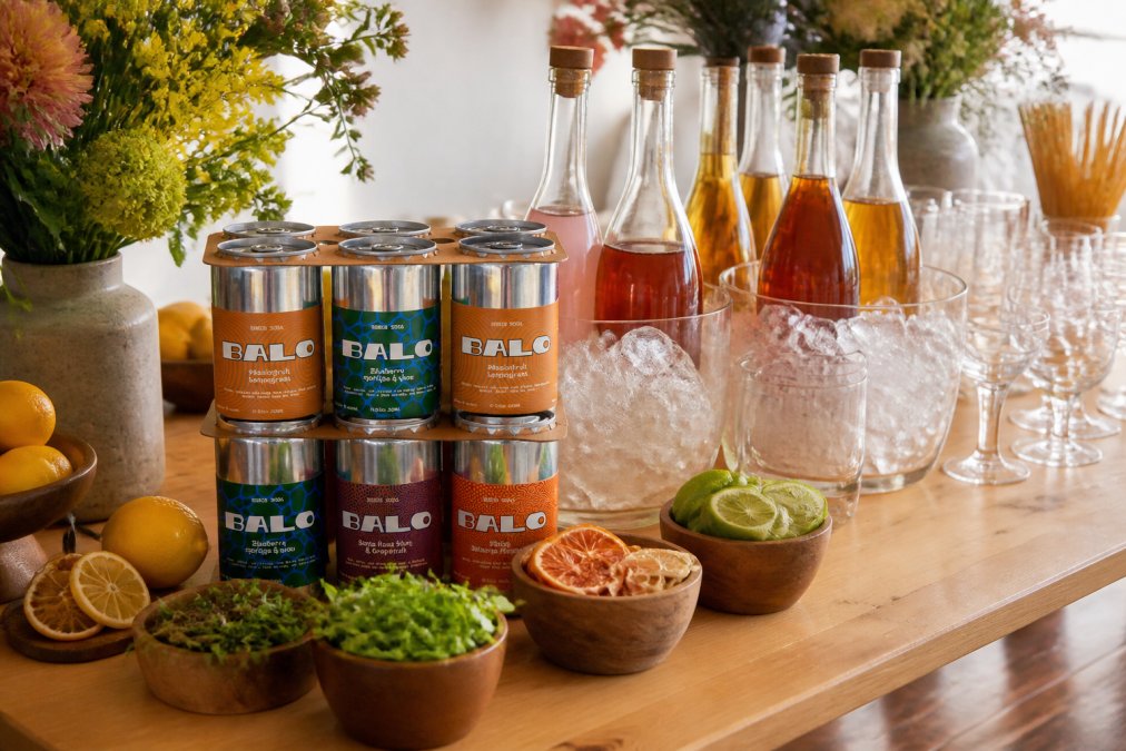 Elegantly arranged drink station with multiple glass bottles of fermented beverages, fresh citrus slices, herb sprigs in small bowls, ice buckets, and various glassware arranged on a light wood table with warm ambient lighting and fresh flowers