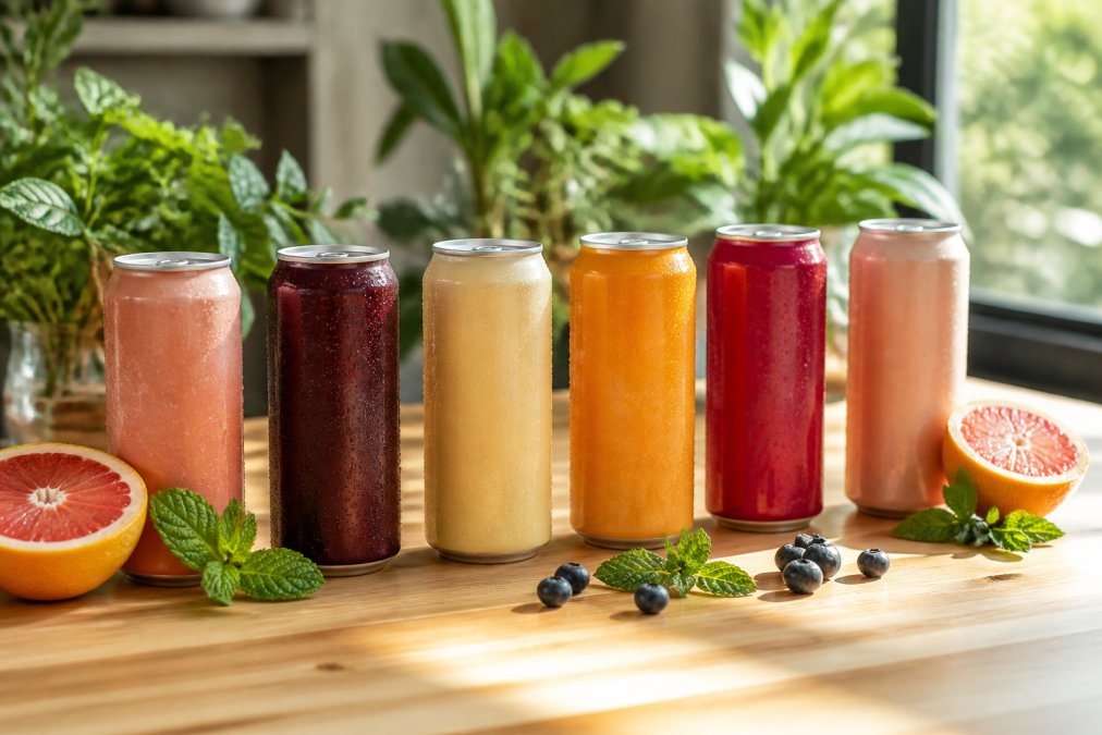 A lineup of Drink Balo shrub soda cans in different flavors on a light wooden table, with fresh grapefruit halves, blueberries, and sprigs of mint scattered around them, bright natural light from a nearby window