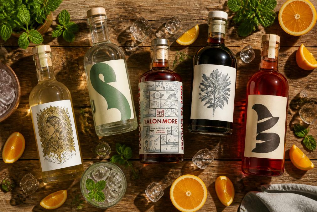 A flat-lay of several non-alcoholic spirit bottles arranged on a wooden surface with garnishes, orange slices, fresh mint, and ice cubes, photographed in warm natural daylight on a kitchen worktop