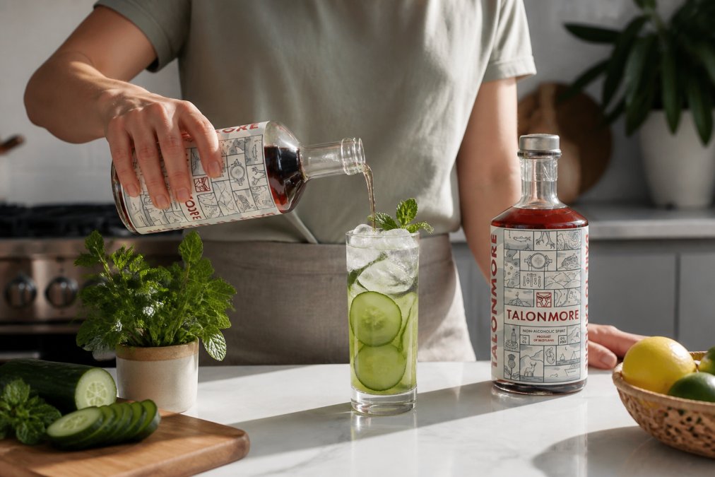 A person pouring a botanical non-alcoholic spirit over a tall glass packed with ice, garnished with cucumber slices and fresh mint, photographed on a bright kitchen counter in natural afternoon light