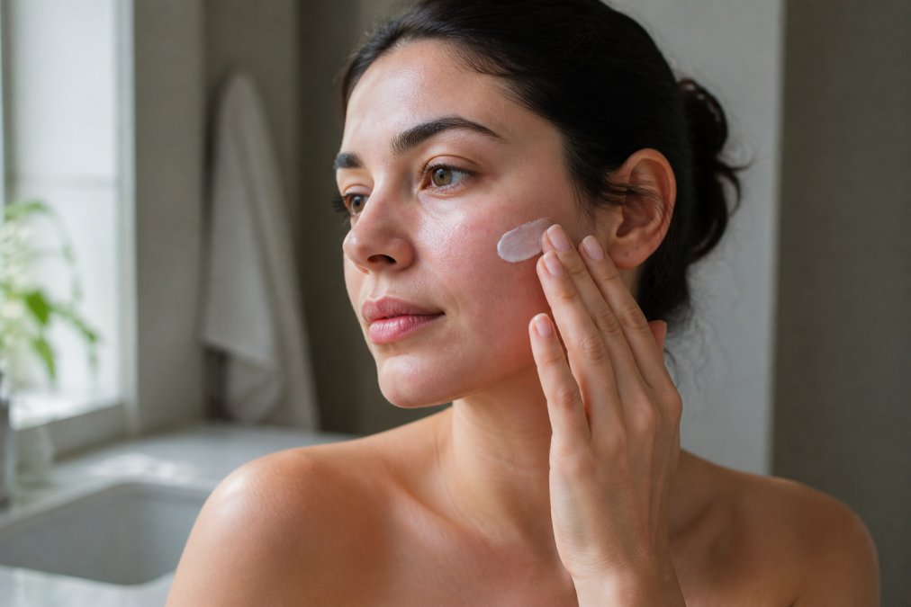 Close-up of a woman with sensitive skin gently applying a lightweight white moisturizer to her cheek, soft natural window light, clean minimal bathroom setting, no visible branding or text