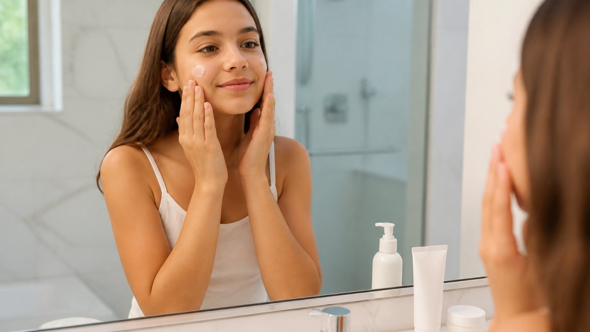 A tween girl in a bright bathroom applying a small amount of moisturizer to her face, with a simple cleanser and sunscreen bottle on the counter