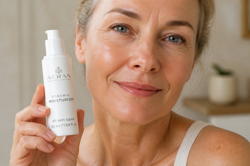 Close-up of mature woman's face with smooth, hydrated complexion showing visible skin texture and natural radiance in soft natural daylight