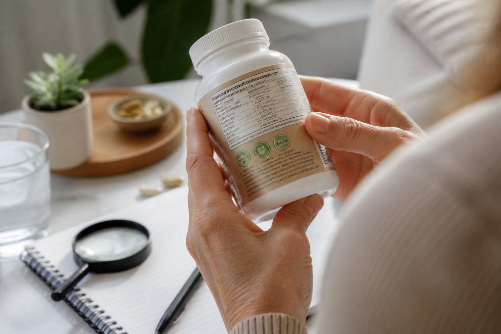 Close-up of hands holding a supplement bottle, carefully examining the ingredient list and certification badges with natural light highlighting the label details