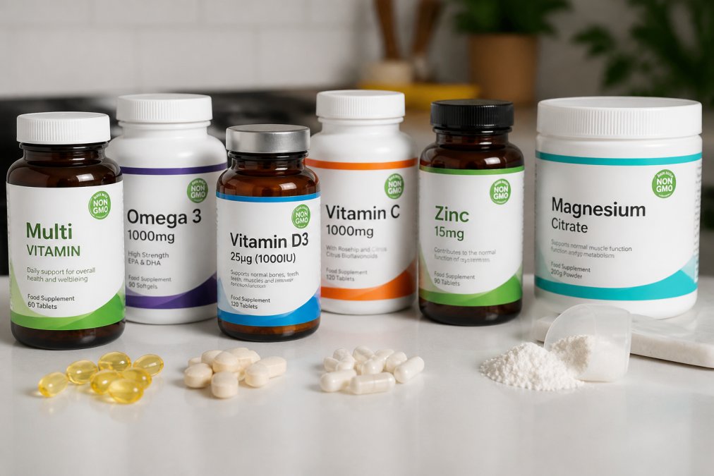 A selection of non-GMO vitamin bottles and supplement containers arranged on a clean white surface, showing various tablet, capsule and powder forms with visible labels and certifications