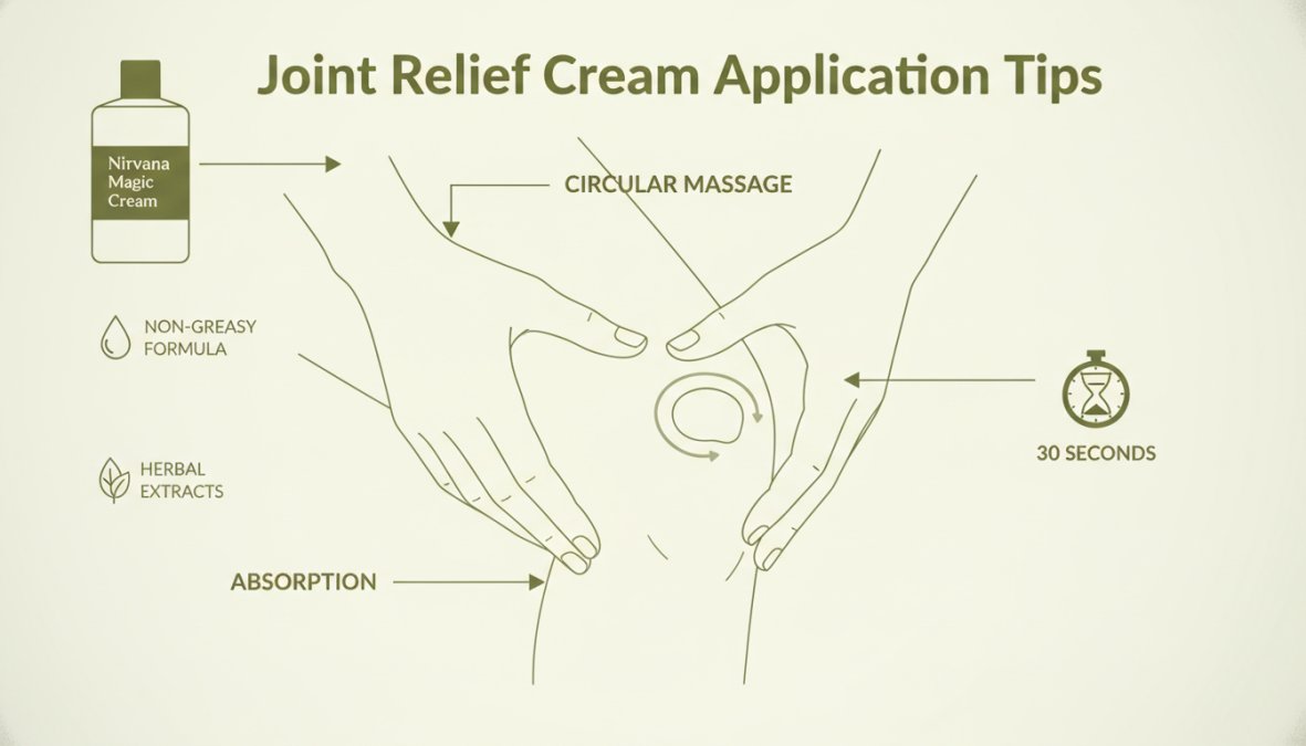 Close-up of a hand applying non-greasy joint relief cream to the knee joint, showing proper massage technique with fingers gently working the cream into the surrounding area