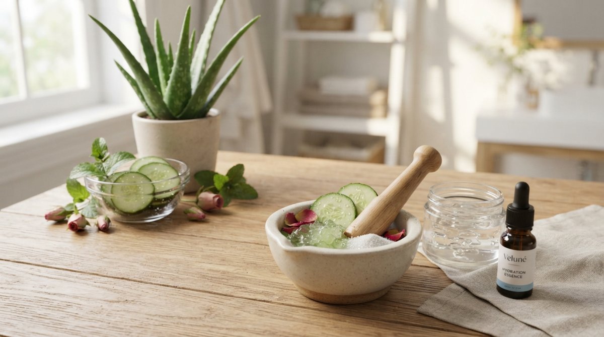 Nahaufnahme von Hautpflegeprodukten, Hyaluronsäure-Serum, Ceramid-Creme und Niacinamid-Puder, arrangiert auf einer Marmoroberfläche mit frischen Pflanzen und sanfter natürlicher Beleuchtung