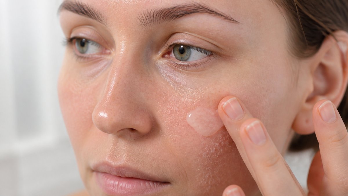 Close-up of person's face showing combination skin texture with visible T-zone shine and dry patches on cheeks, hands applying lightweight gel moisturizer in bright, natural lighting