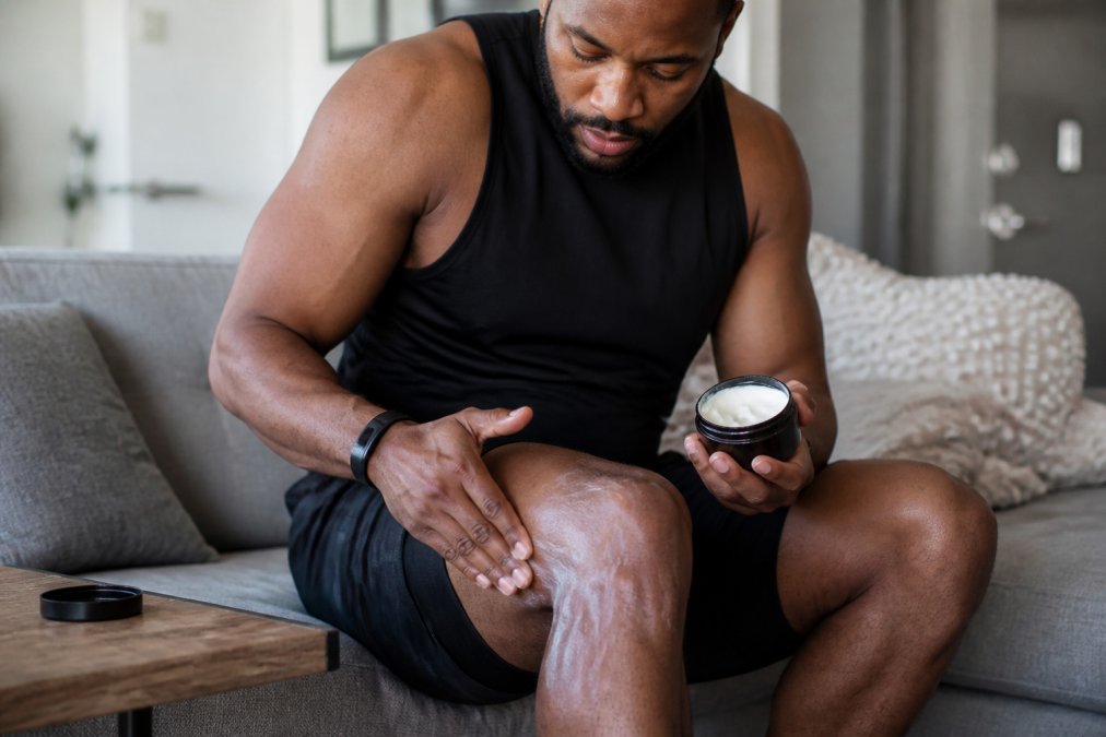 Athlete applying recovery balm to leg during post-workout recovery routine, hands massaging muscle area with visible balm application in home setting