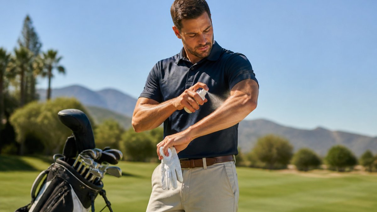A golfer standing on a sunny fairway, applying sunscreen spray to his forearm with one hand while holding a golf glove in the other, golf bag resting nearby