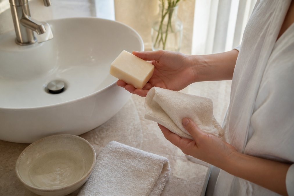 Hands holding a French-milled soap bar and soft cloth as non-harsh facial cleansers near a bathroom sink.