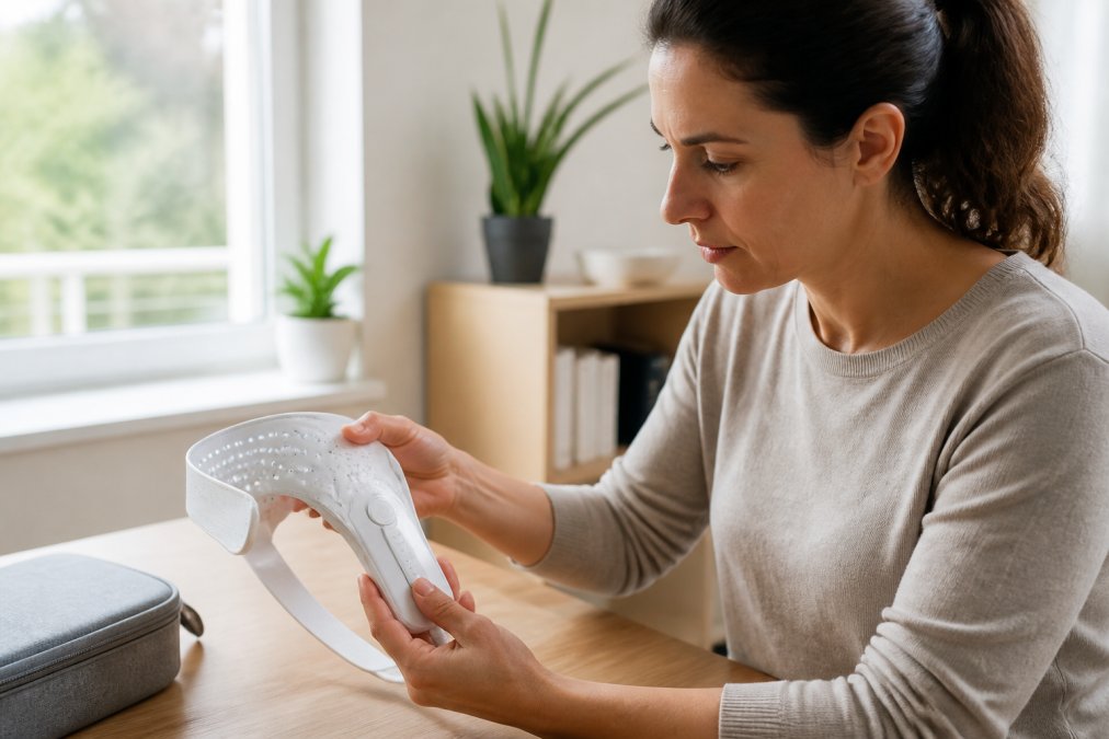 Woman examining an at-home light therapy device