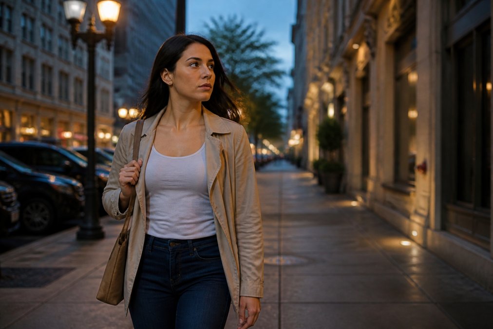 Woman walking confidently in urban environment at dusk, alert posture with head up and focused expression, surrounded by city buildings and street lighting