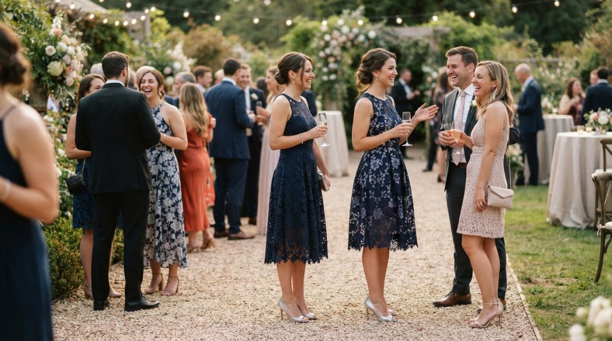 Woman at a formal wedding event confidently wearing high heels, smiling and standing comfortably while conversing with guests, demonstrating extended comfortable wear