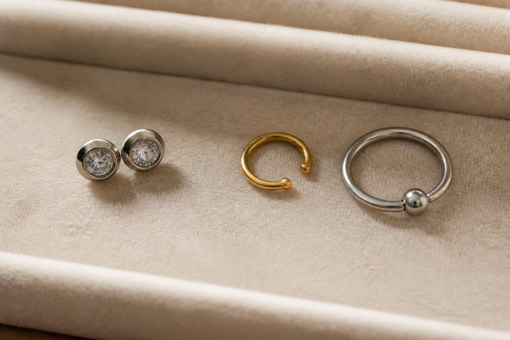 A flat-lay photo of various non-piercing body jewelry pieces: magnetic stud earrings, a clip-on nose hoop, and a stainless steel lip ring arranged on a soft velvet surface with soft natural lighting