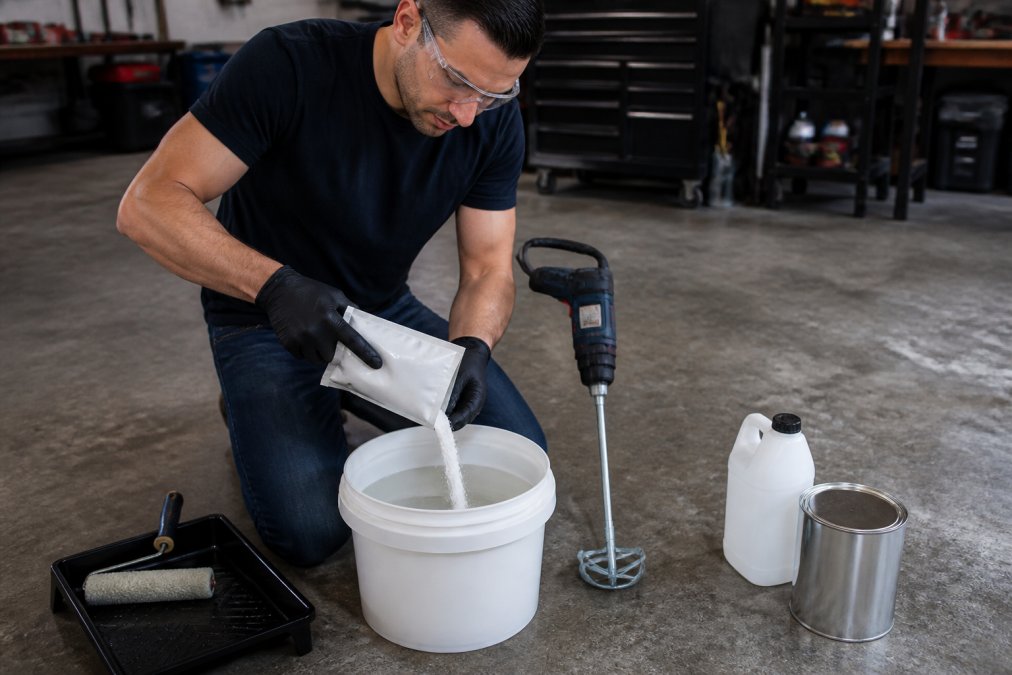 Person mixing non-slip additives into a bucket of epoxy resin with a drill in a garage workshop.