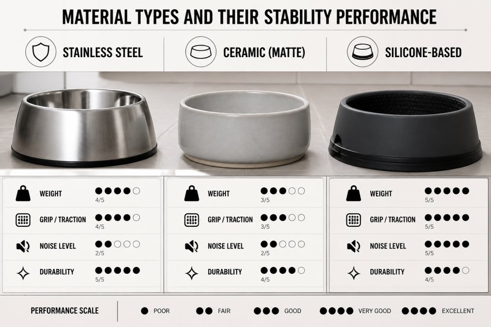 Close-up of three different dog bowls arranged side by side on a kitchen tile floor, a brushed stainless steel bowl, a ceramic bowl with a matte finish, and a silicone-based bowl with a thick rubberized base, each showing distinct texture and construction details