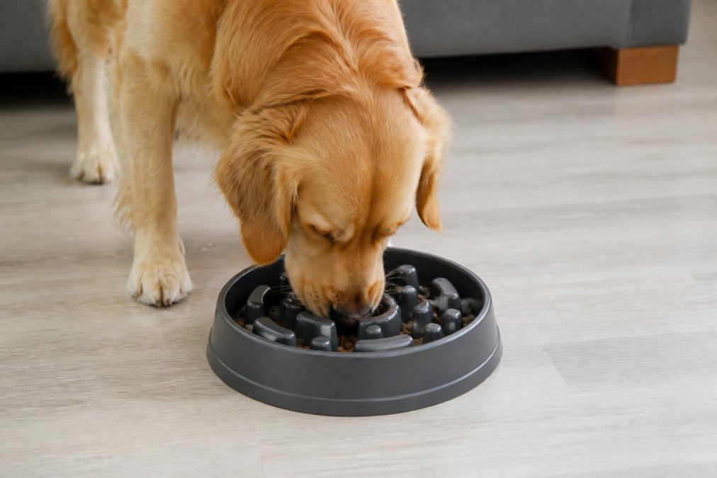 A golden retriever eating intently from a slow-feeder bowl with raised ridges and maze-like interior patterns, the dog's nose and face engaged with the textured surface as kibble sits in the grooves