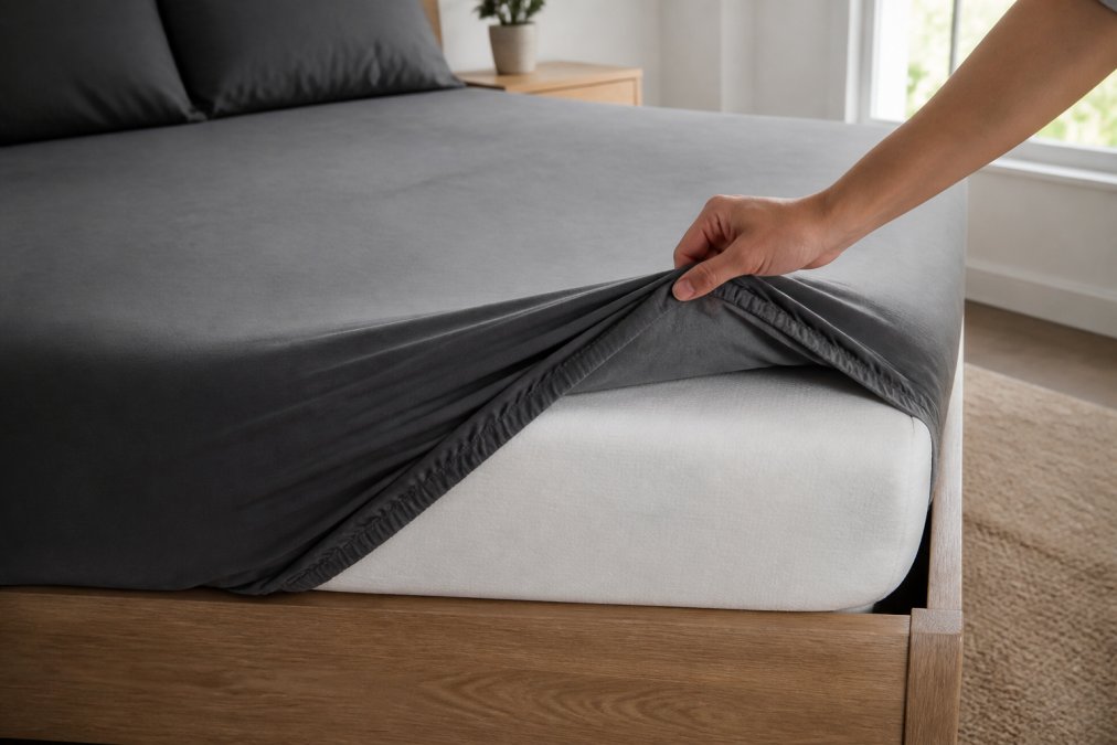 A neatly made bed with a charcoal fitted sheet hugging the corners of a thick mattress, with a hand lifting one corner to show the elastic grip, in a bright modern bedroom