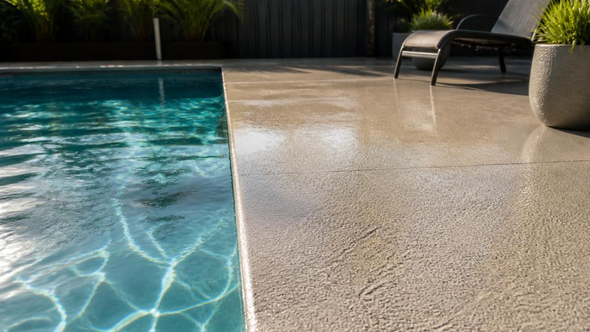 Infographic comparing various resurfacing options for a safe non slip pool deck with a textured concrete finish.