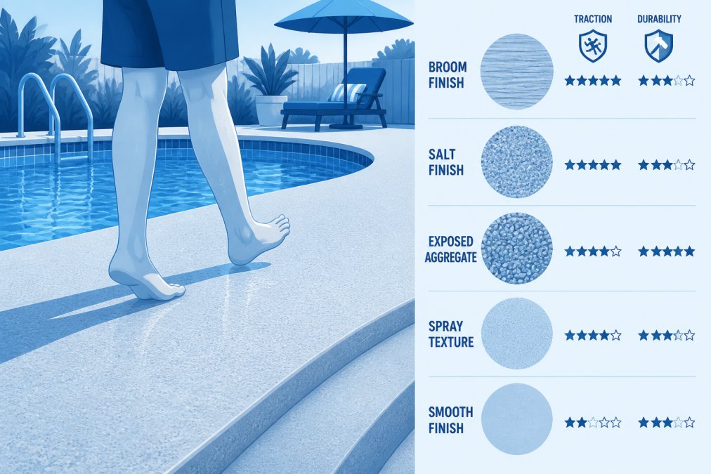 Wide shot of a freshly resurfaced concrete pool deck with a textured, matte non-slip finish surrounding a backyard swimming pool on a sunny day, showing bare feet walking safely on the warm surface